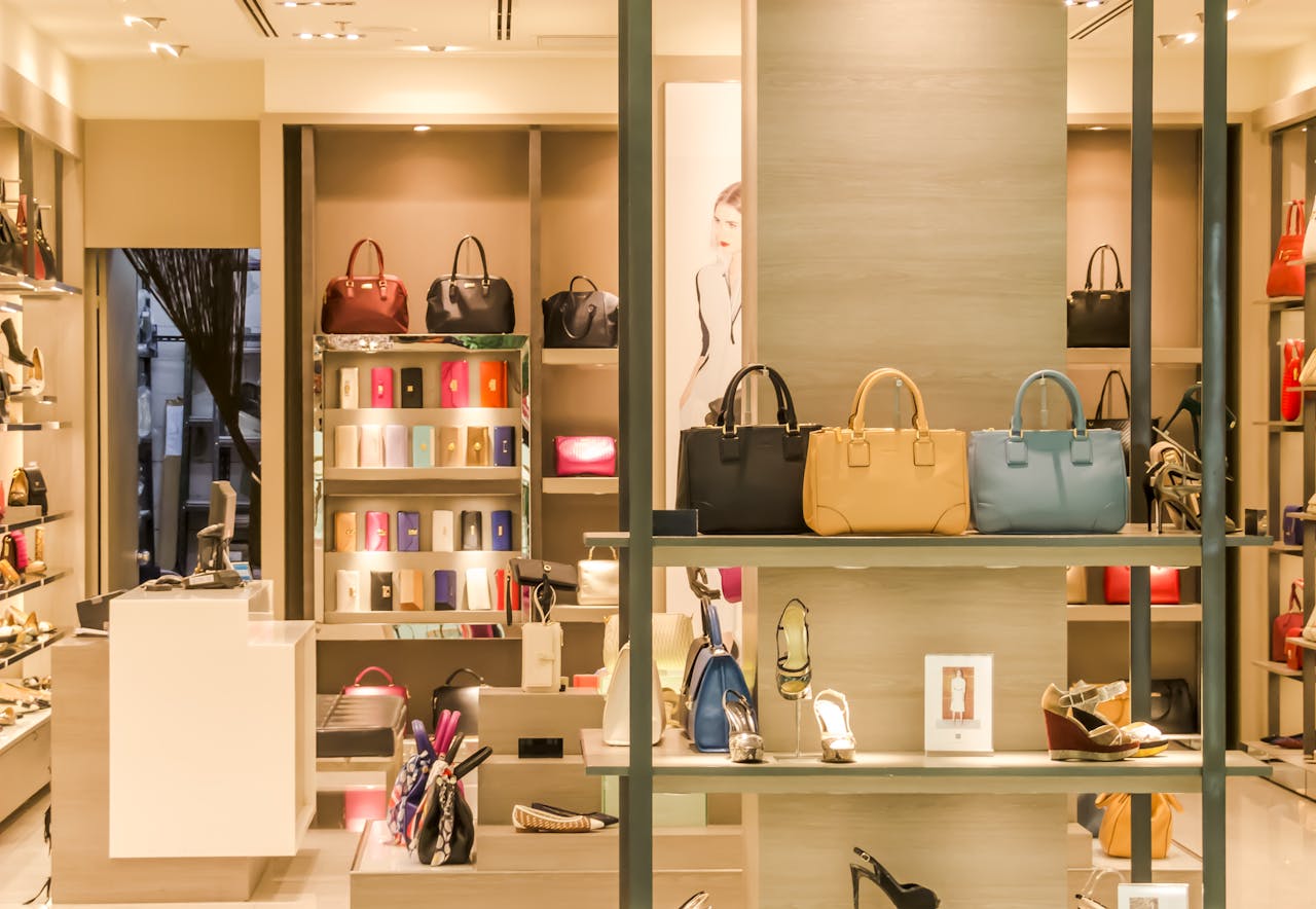 handbags and accessories in a store